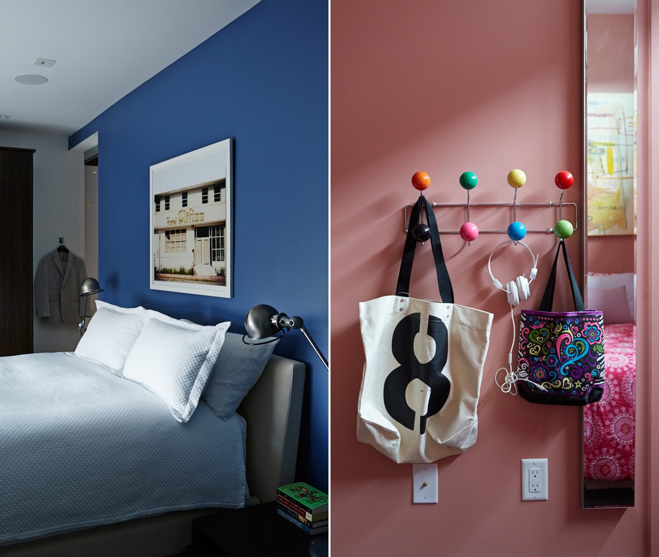 master bedroom painted the Pantone shade of blue. Eames coat racks from Ella+Elliot.