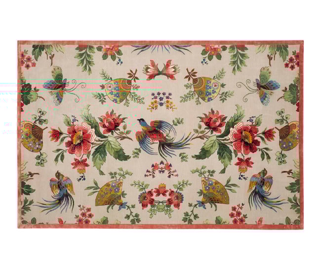 Paul Smith’s hand-knotted Tibetan wool and silk Oriental Birds carpet dazzles with its bright floral pattern
