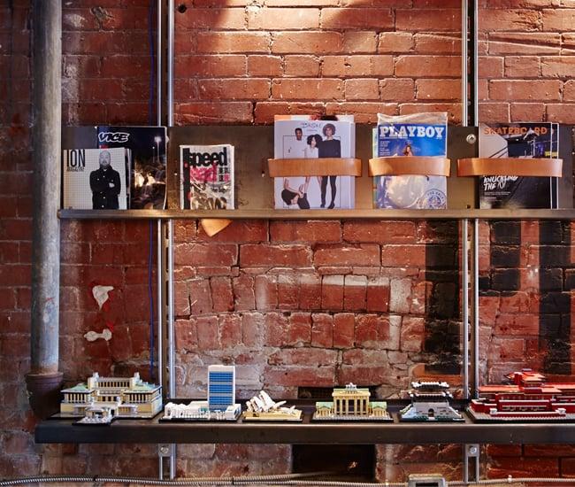 Gadgets and magazines on the shelves