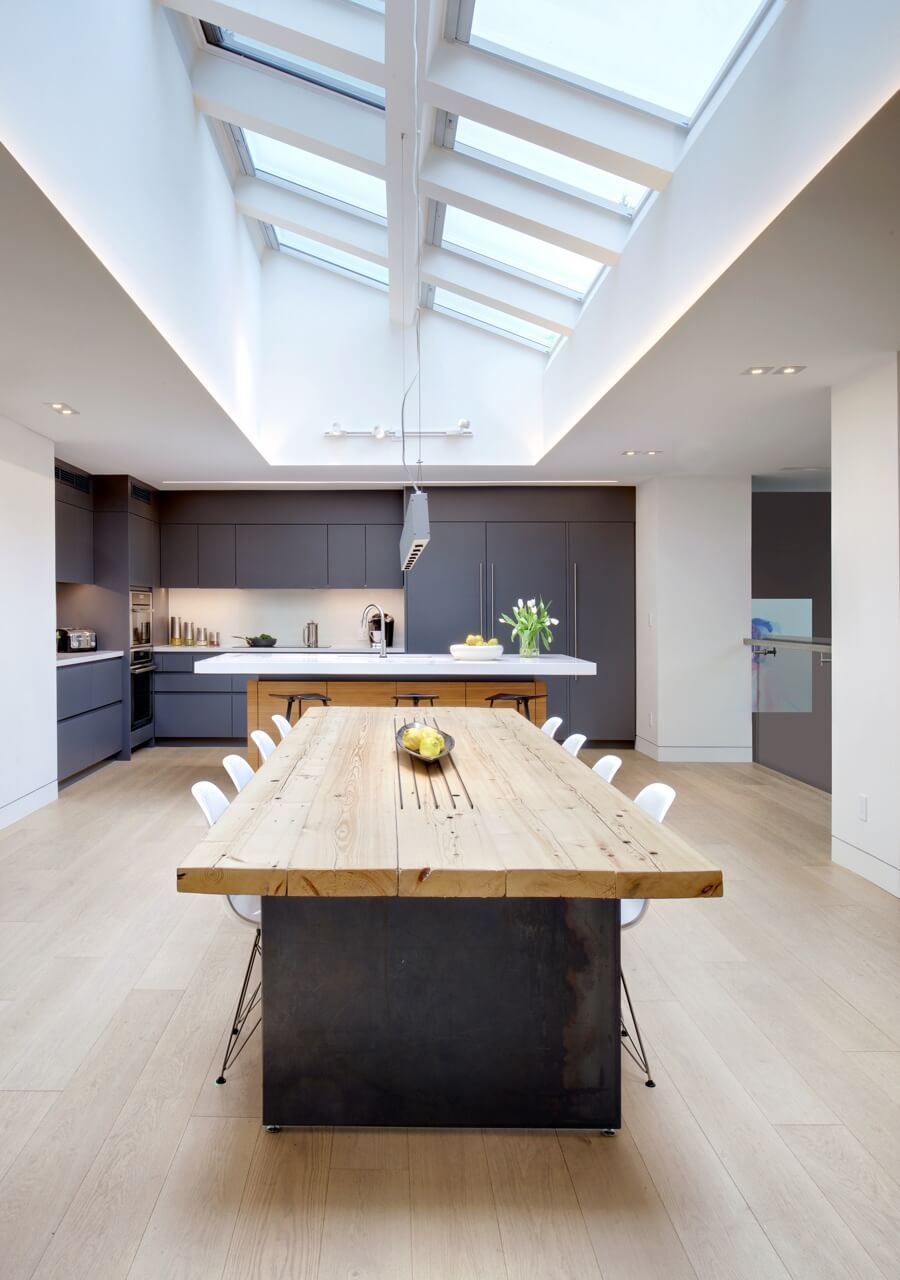 Skylights by Velux brighten the long kitchen table | Kitchen design Ideas
