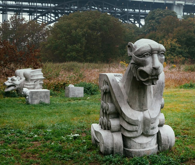 Evergreen Don Valley Park featuring Duane Linklater's concrete gargoyles