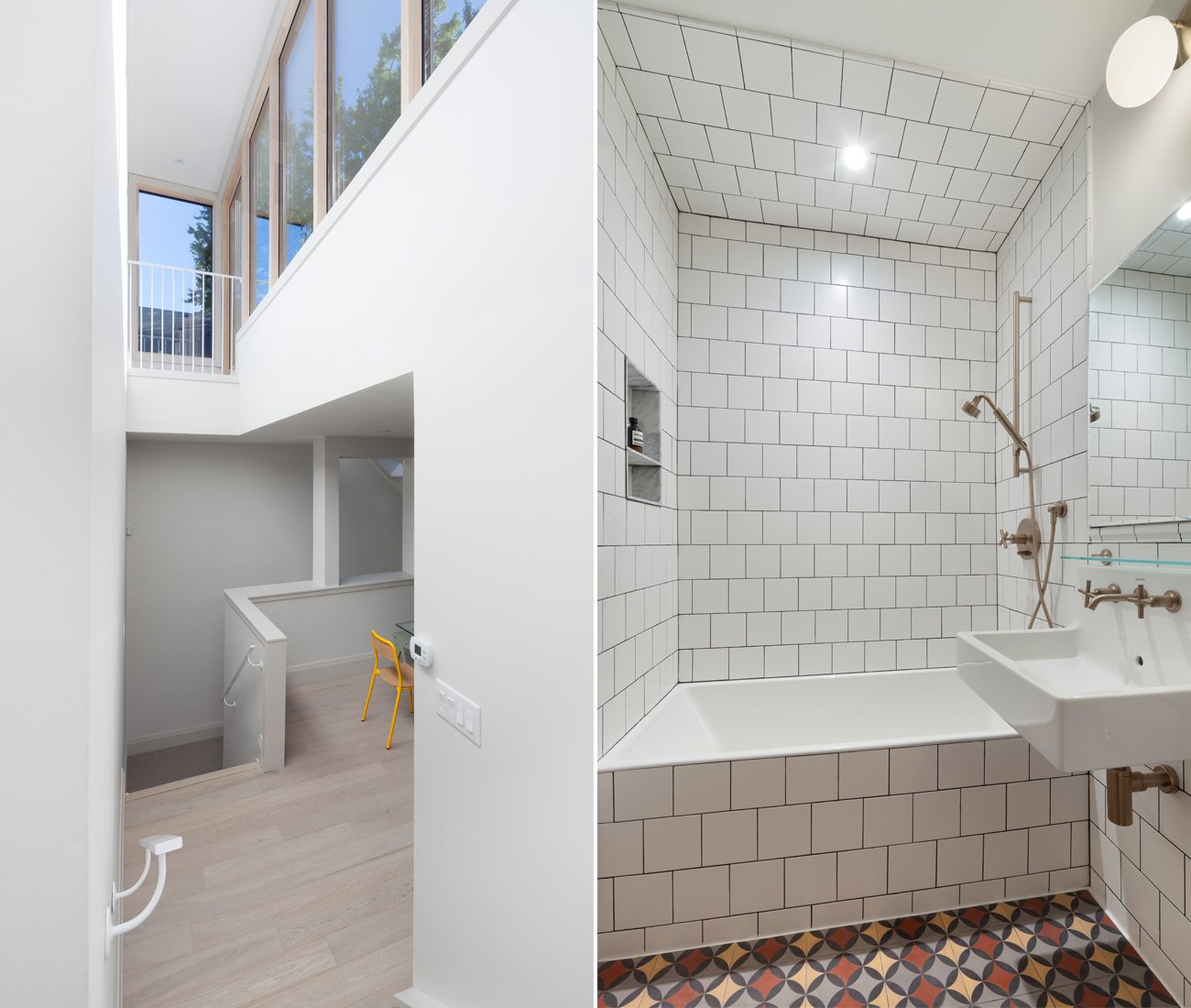 Heritage home renovation featuring a bright atrium and a transformed bathroom with cement tiles and Duravit sink.