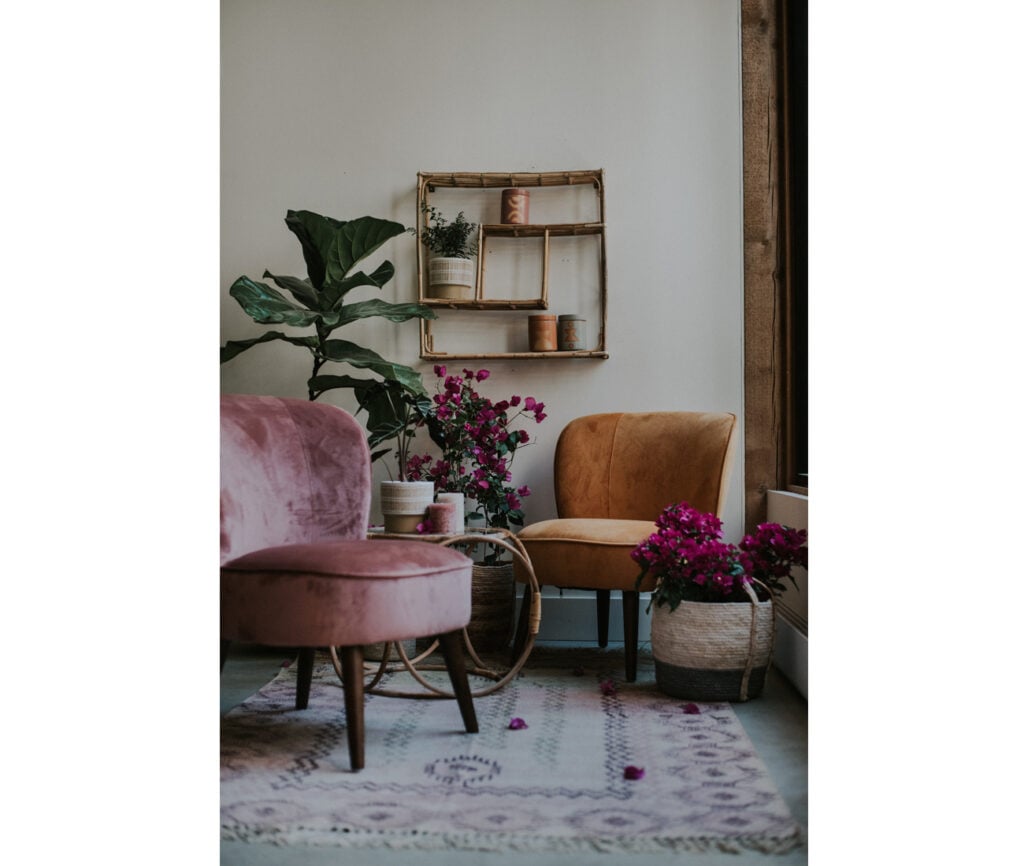 Two velvet chairs and shelf Shelf from Vdev, a storage and shelving store in Toronto.