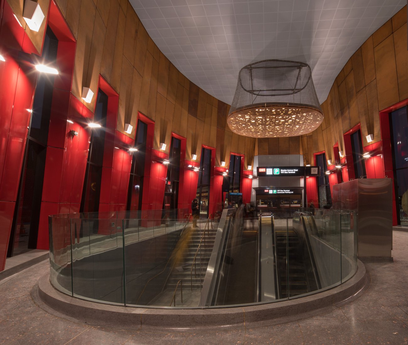 Interior of the Pioneer Village Station designed by Will Alsop, the building contain giant chandeliers evoking the depths of the earth