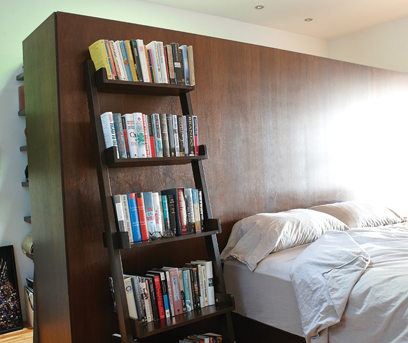 Custom bed frame divider with walk-in closet and green light well