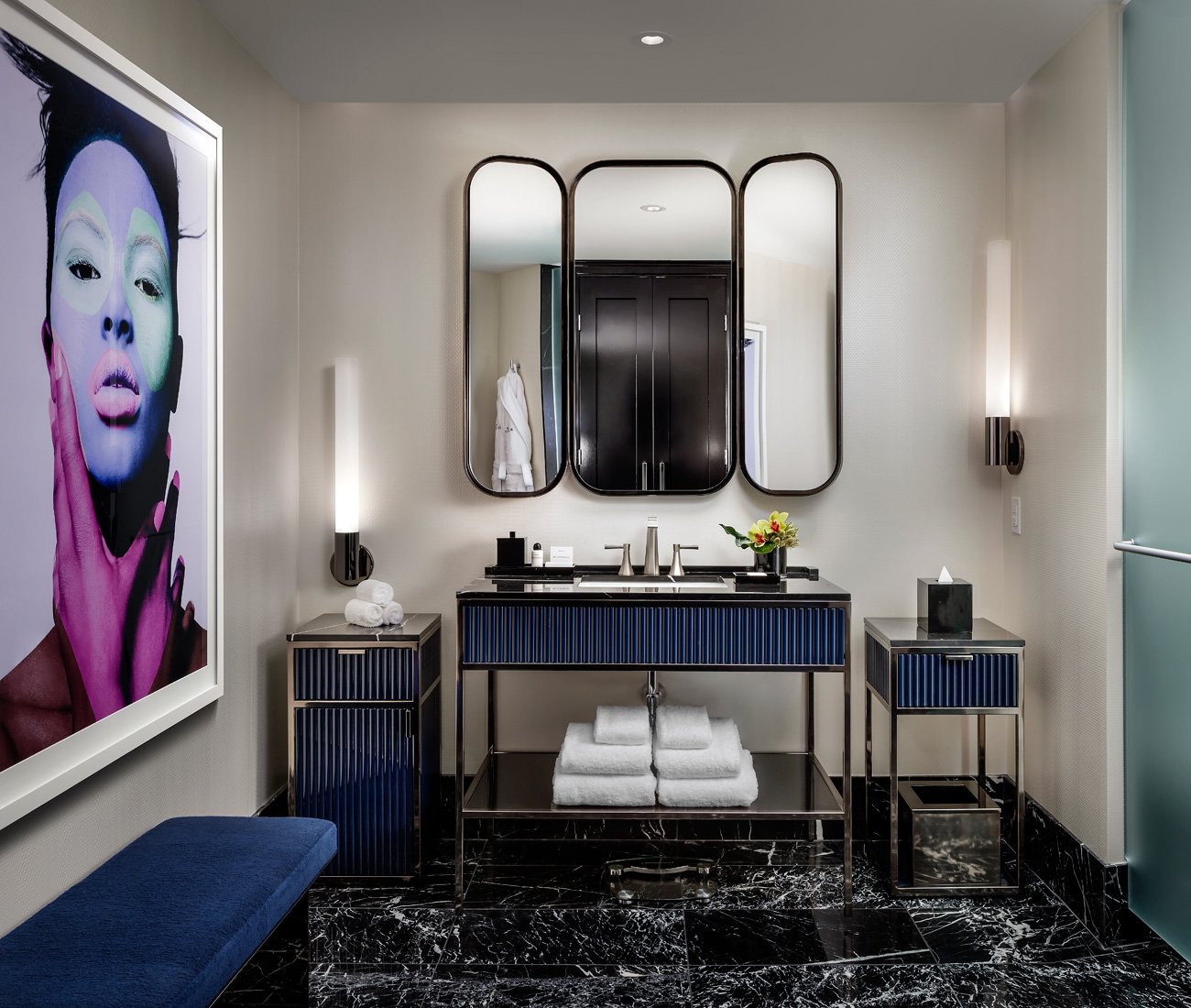 Bisha Hotel - Studio Munge - The ensuite features bespoke vanities in brushed nickel, polished black chrome and Nero Marquina marble.