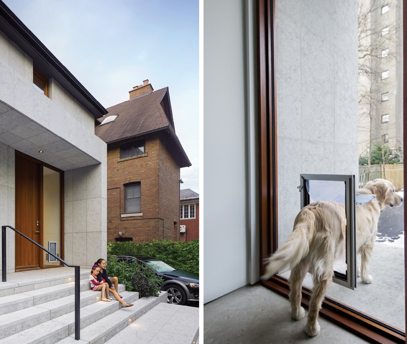 Two kids sitting on the stairs of a home with their pet passing through a dog-friendly entrance