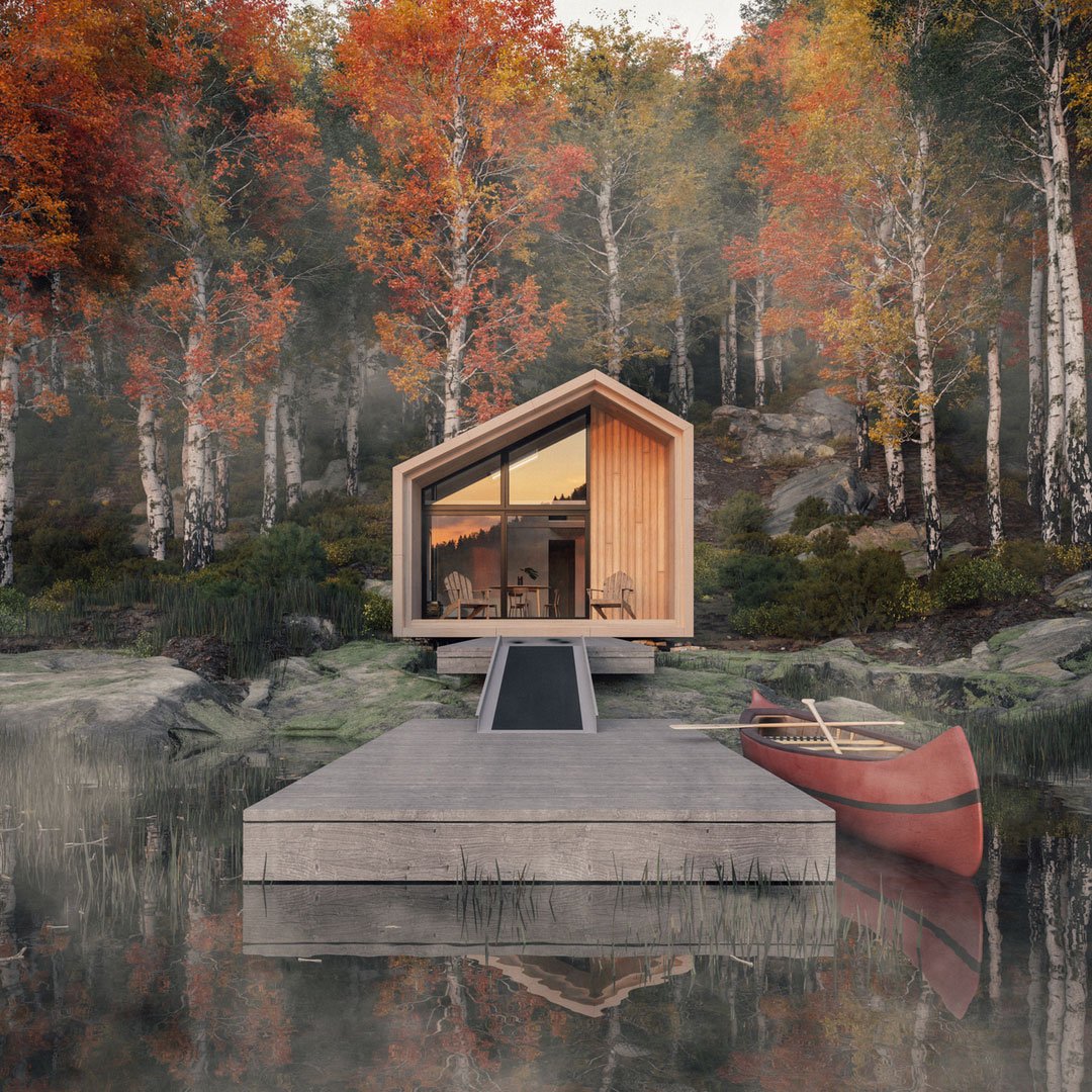prefab cabins Ontario - A dockside view of Leckie Studio Great Lakes Backcountry Cabin - cottage design ontario