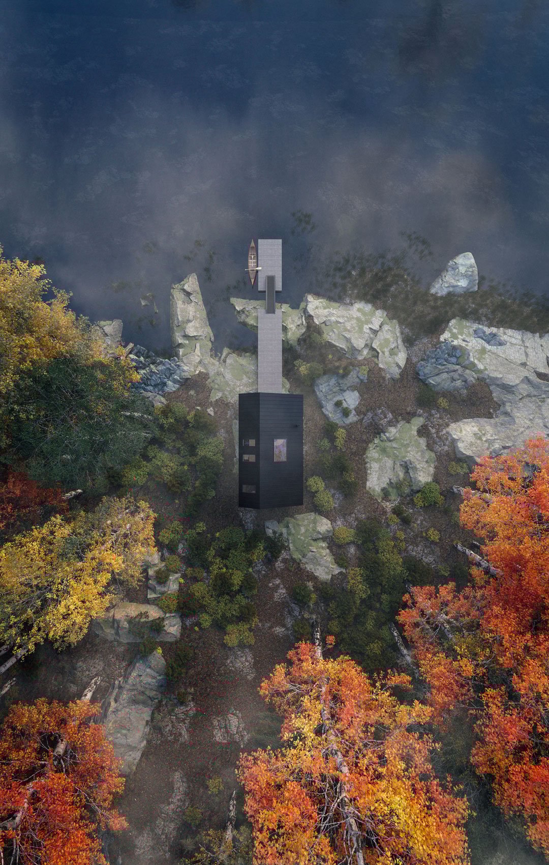 prefab cottages - An aerial view of Leckie Studio Great Lakes Backcountry Cabin inspired by Ontario