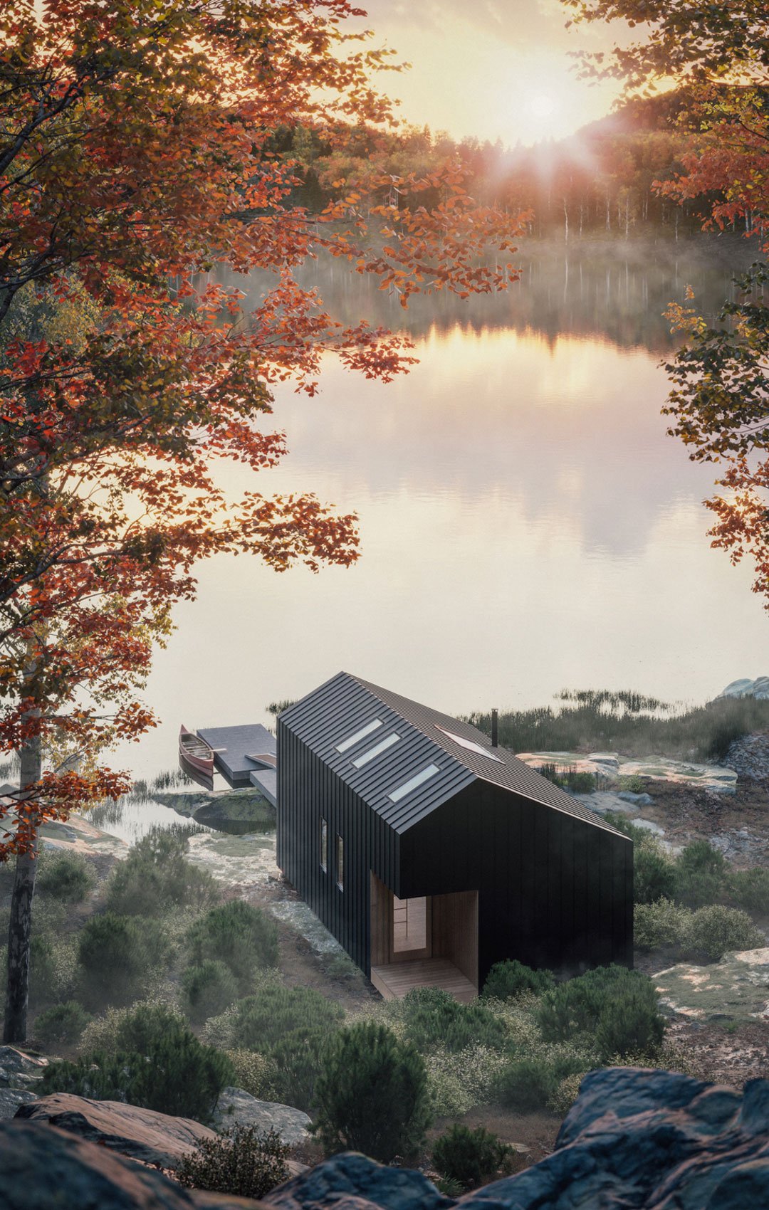 prefab cottages Ontario - An elevated view of Leckie Studio's Great Lakes Backcountry Cabin 