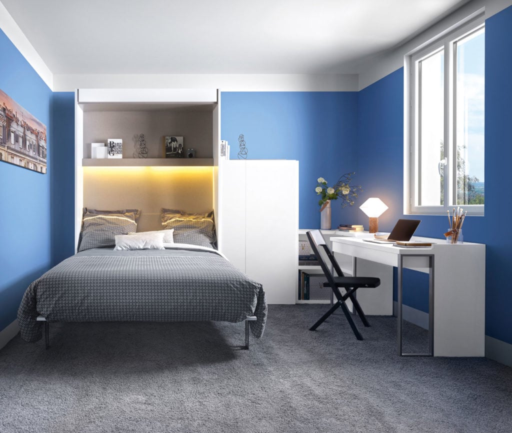 A teen bedroom with headboard, dresser and desk from Gautier, a storage and shelving store in Toronto.