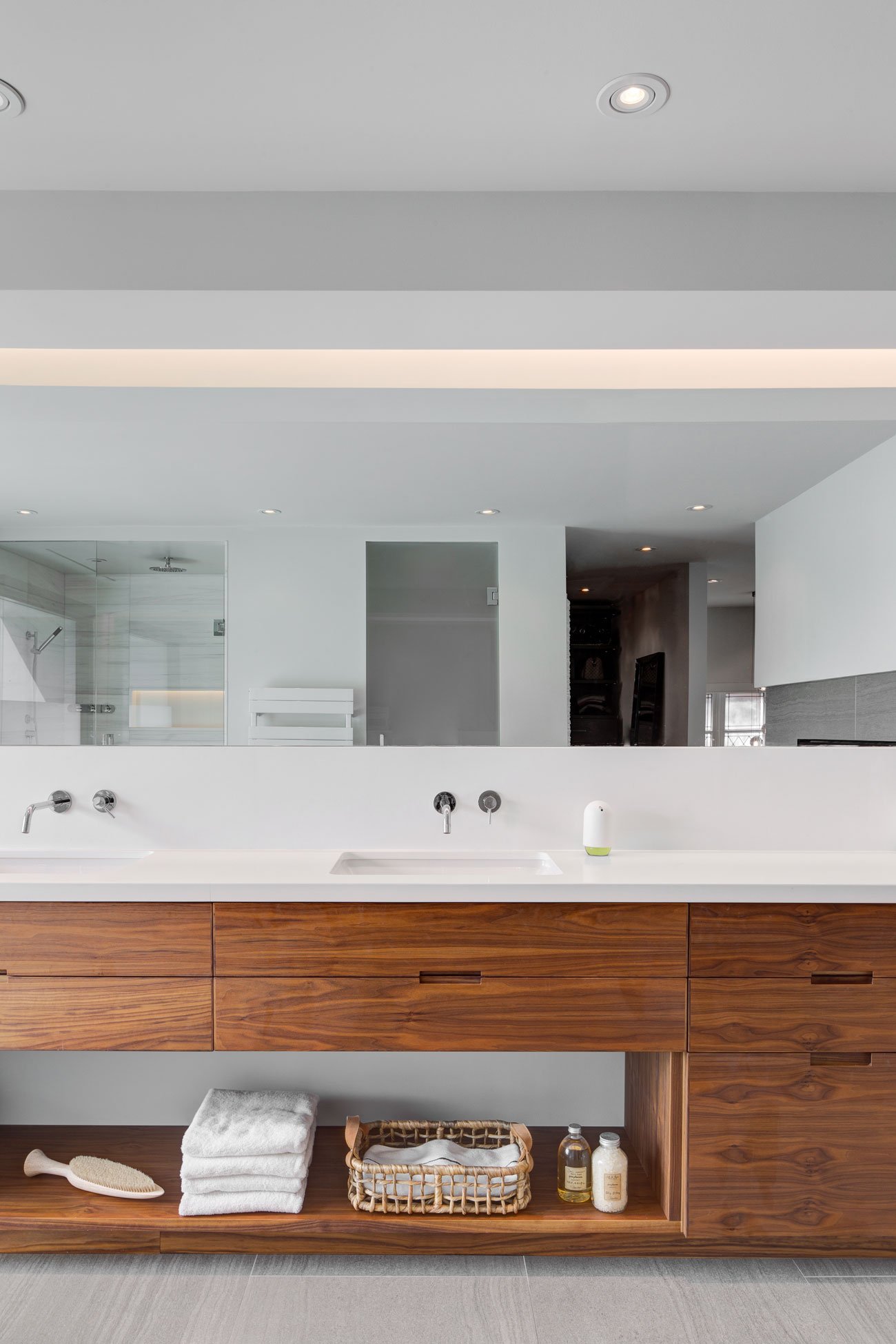 post architecture and analogue design studio bathroom Toronto Designlines Walnut vanity by Laneway Millwork