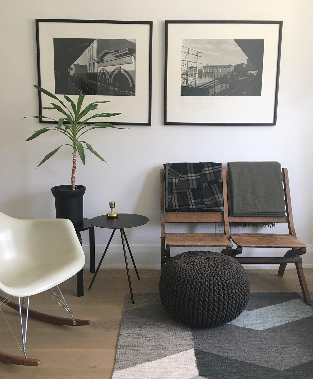 vintage bench is paired with a fibreglass Eames rocker