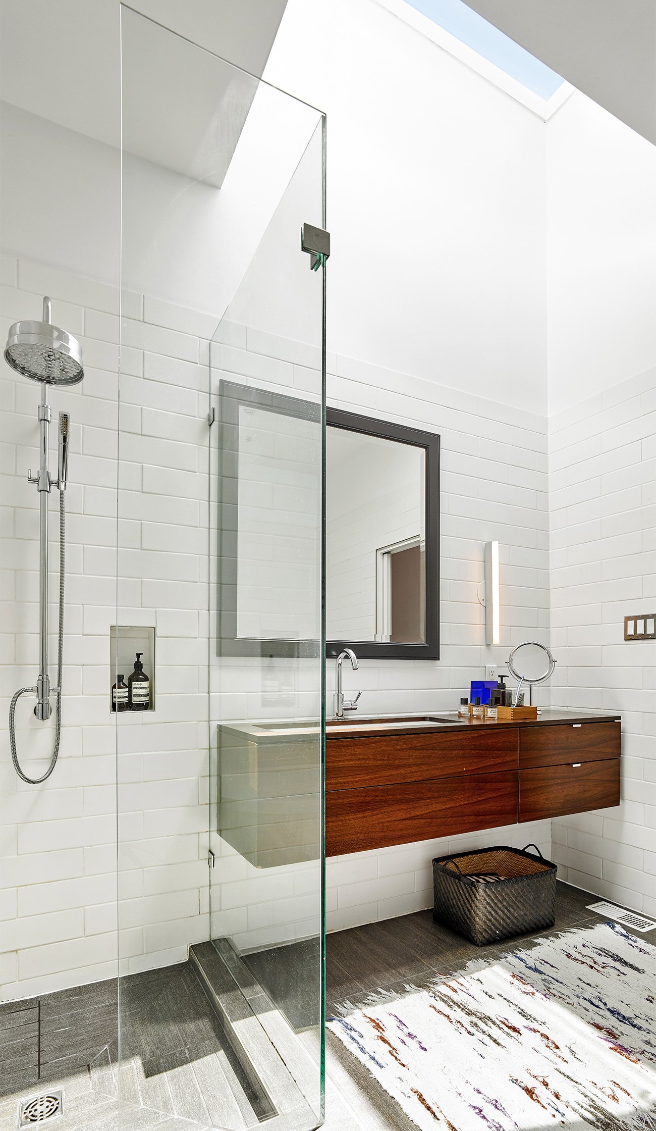 skylight floods the master bathroom