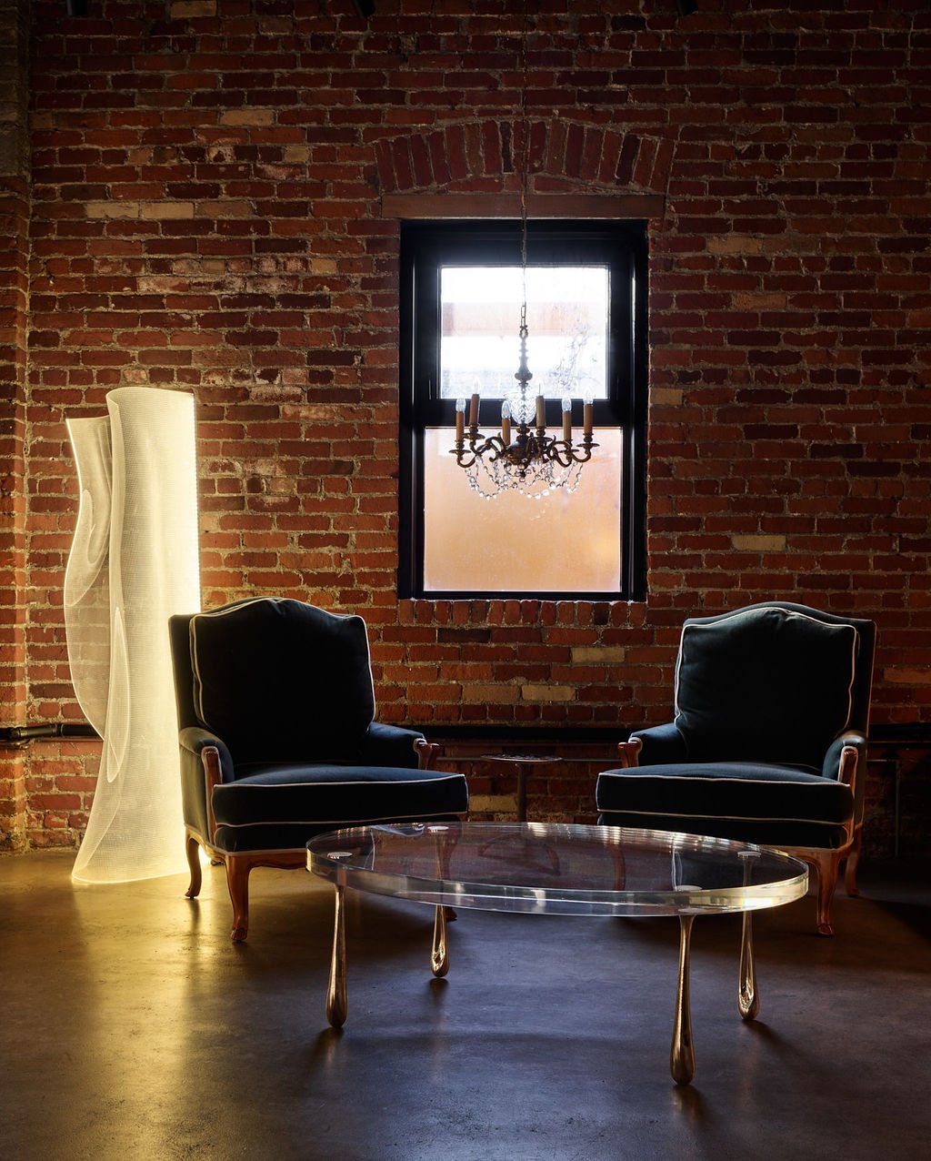 Jeffrey Forrest Home - heirlooms chairs and vintage chandelier