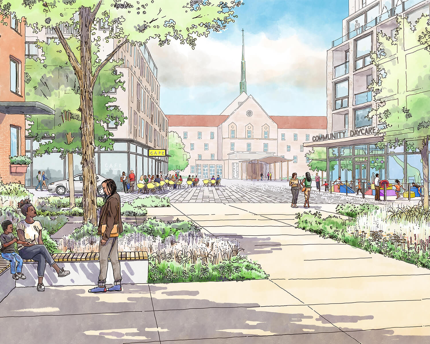 Artist's rendering of Tyndale Green, showing a pedestrian area with a walkway, bench seating, and a community daycare - Affordable Housing