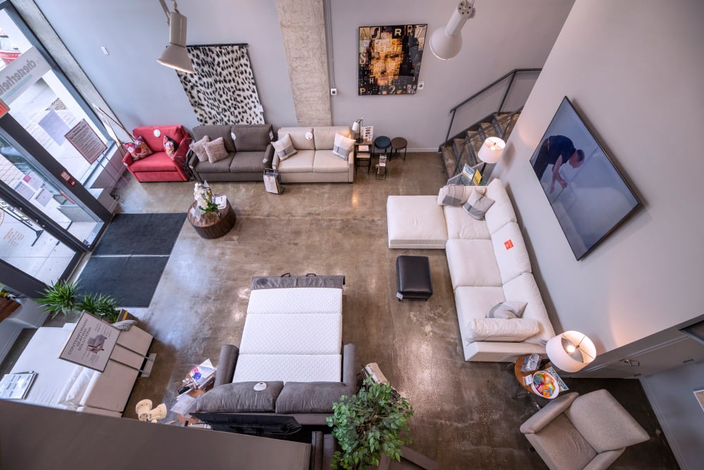Showroom view from above with various sofas on display