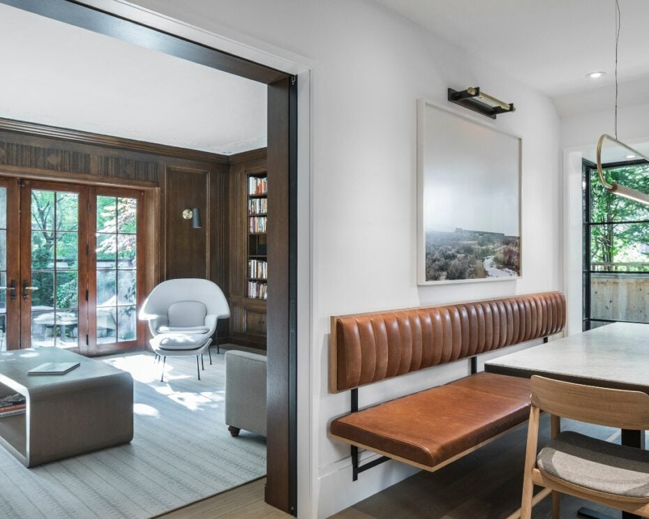 Living room interior with dining table and bench