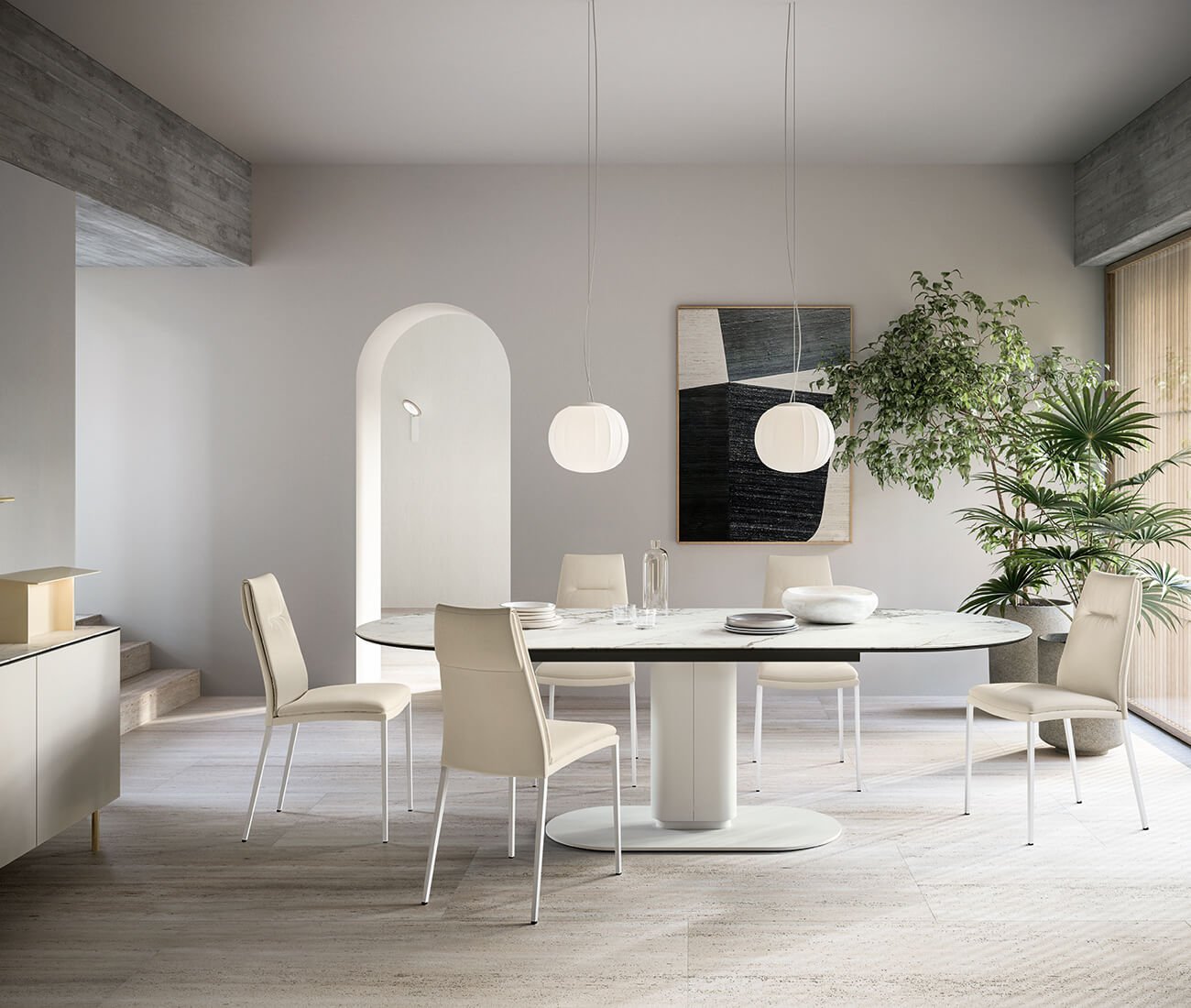 Living room table with white chairs