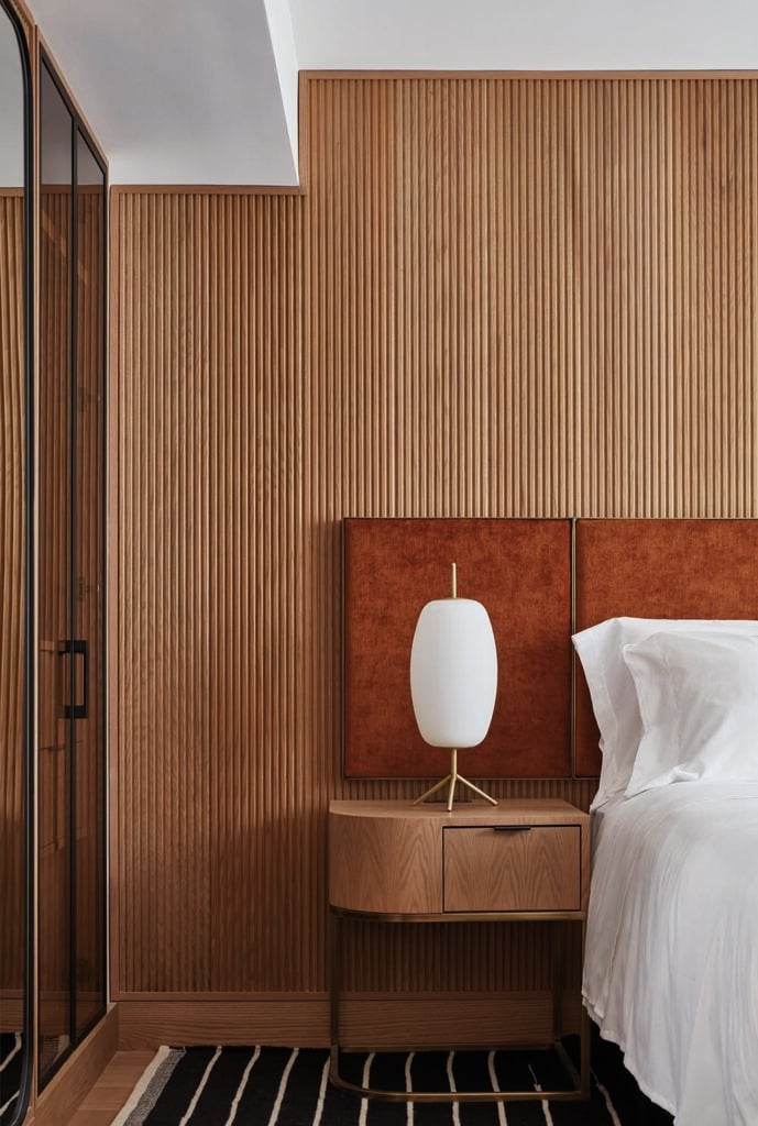 The bedside table is custom, made with black powder-coated legs and flat-cut, white-oak wood veneer