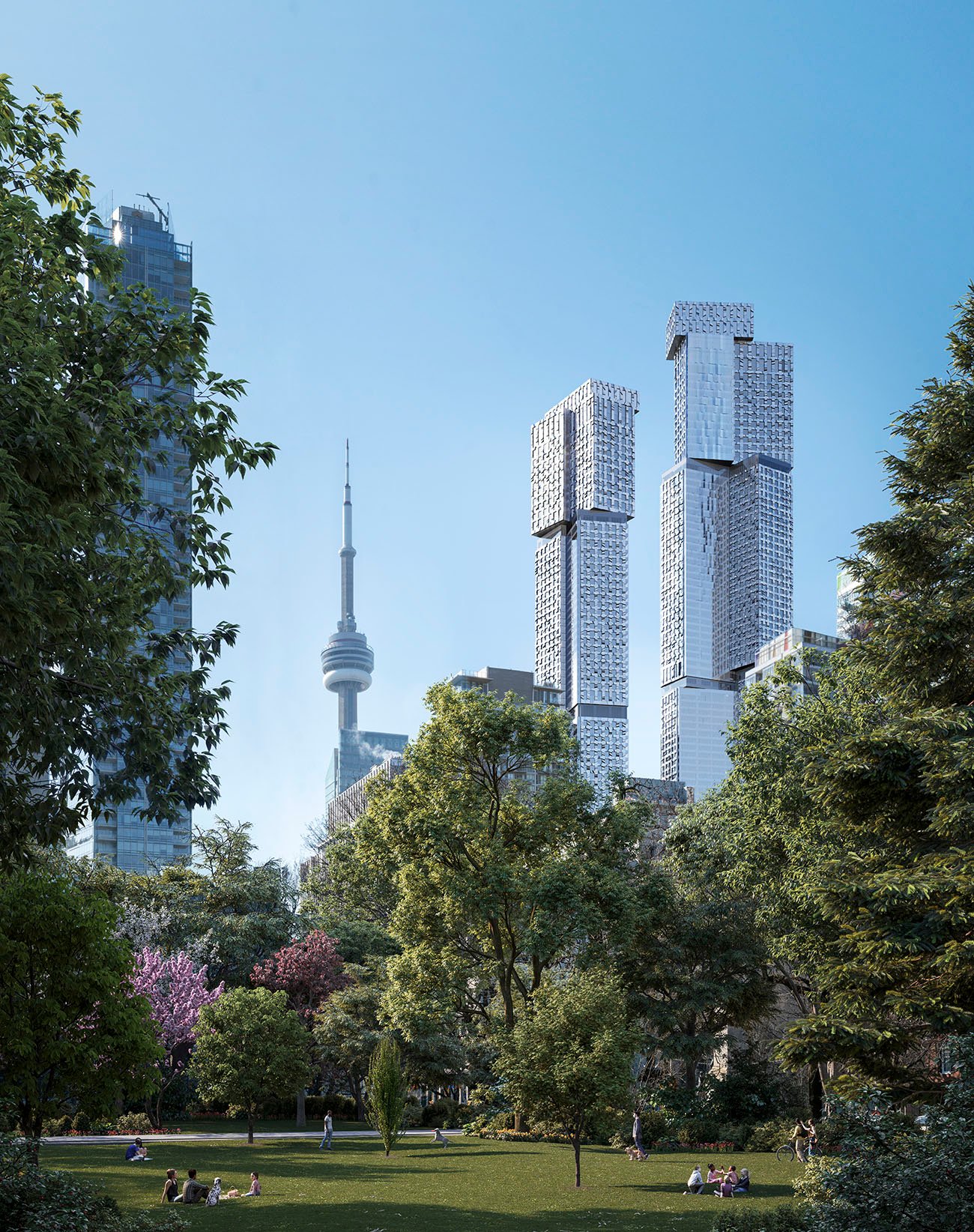 Rendering of Frank Gehry’s Forma Condos in Toronto with the CN tower