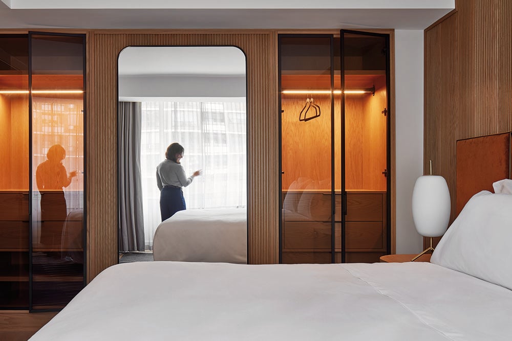 Bedroom view at Manulife Centre hidden Hotel designed by Alison McNeil