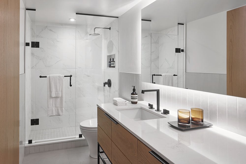 Bathroom at Manulife Centre hidden hotel designed by Alison McNeil