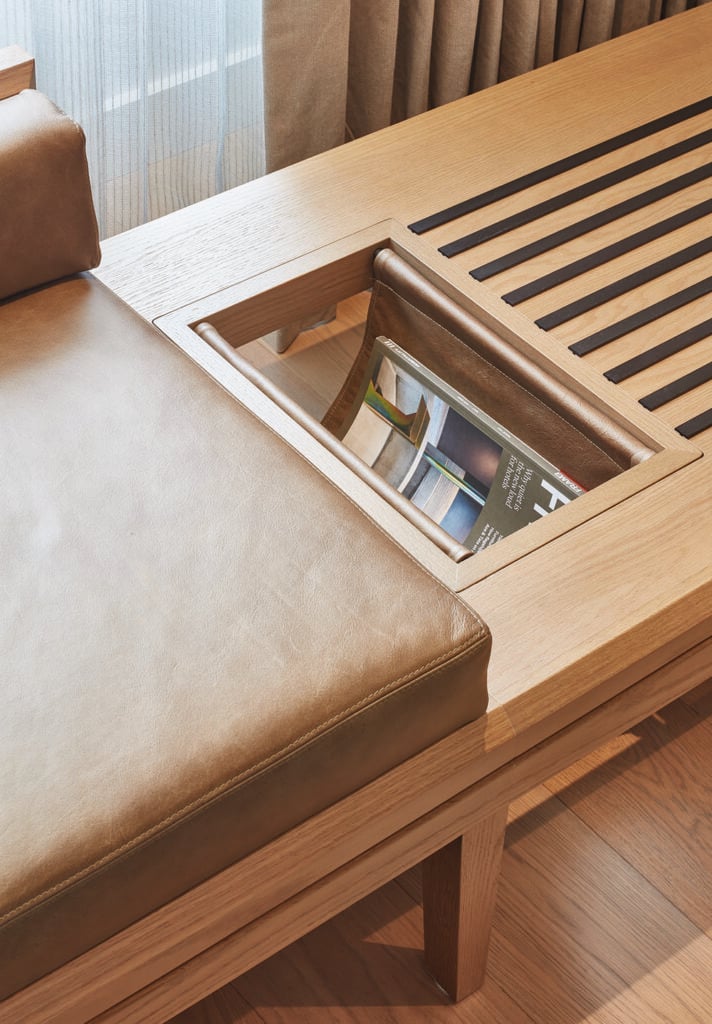 Details of magazine holder on a bench