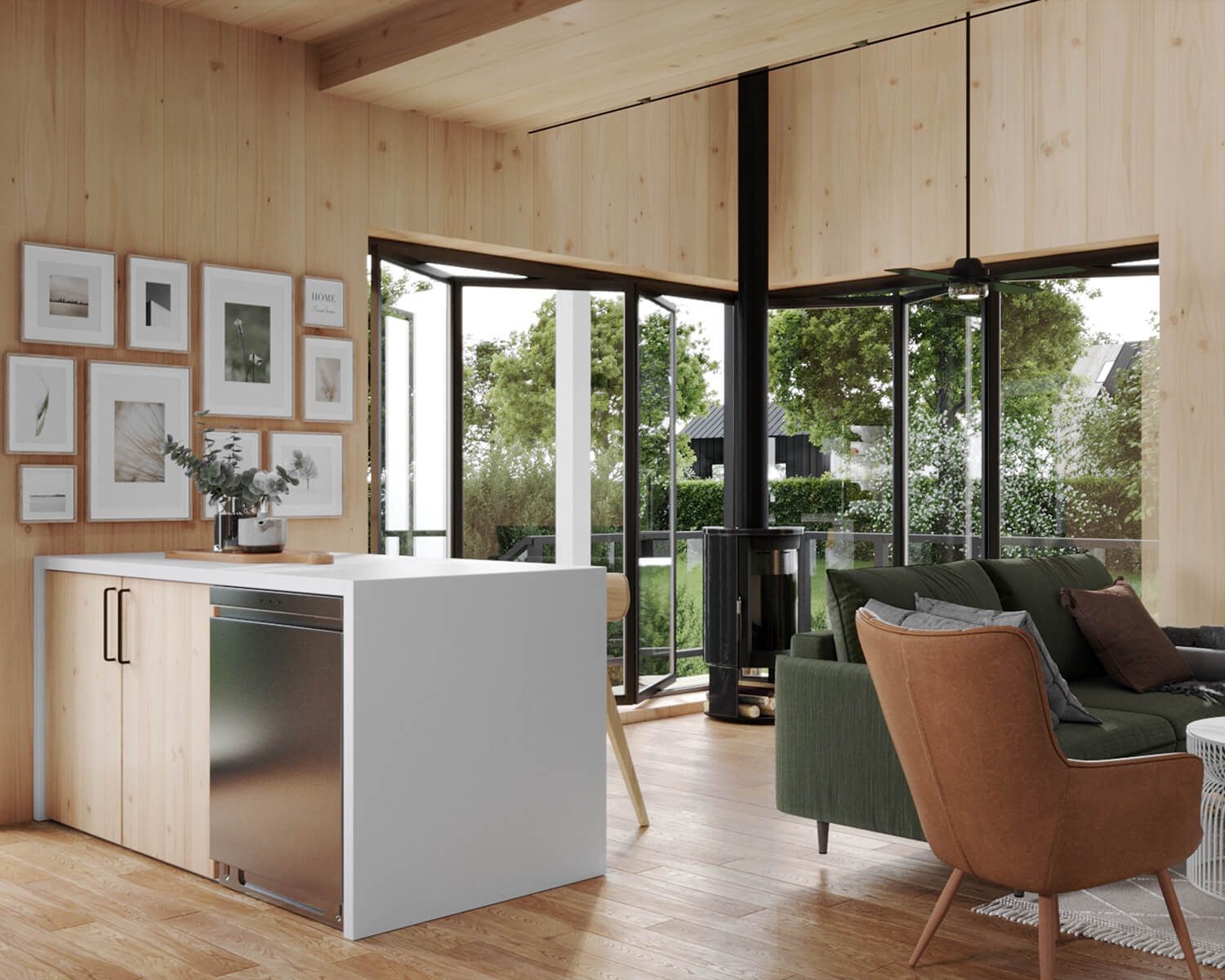 Kitchen and living room prefab cabin