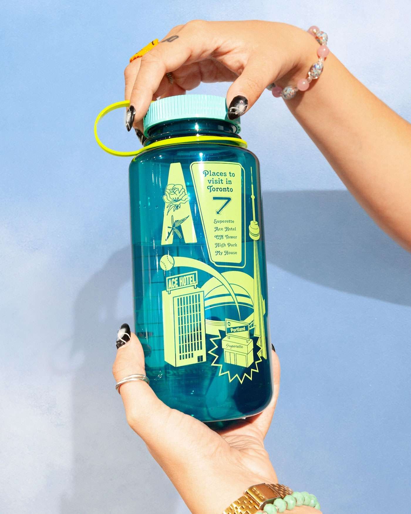 Made of 50% recycled materials, the Visit Toronto Nalgene bottle