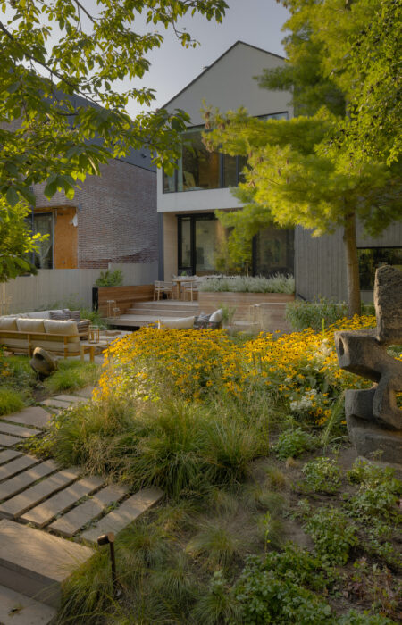 backyard seating areas and a meandering path through the various levels