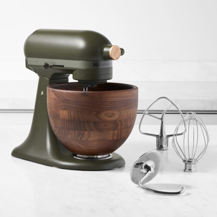 KitchenAid green mixer with wood bowl